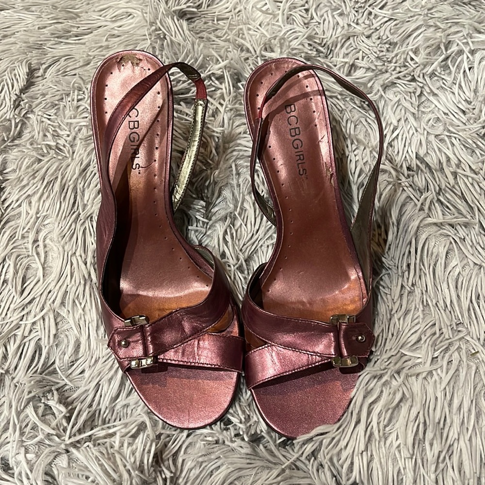BCBGirls metallic plum open toe slingback heels